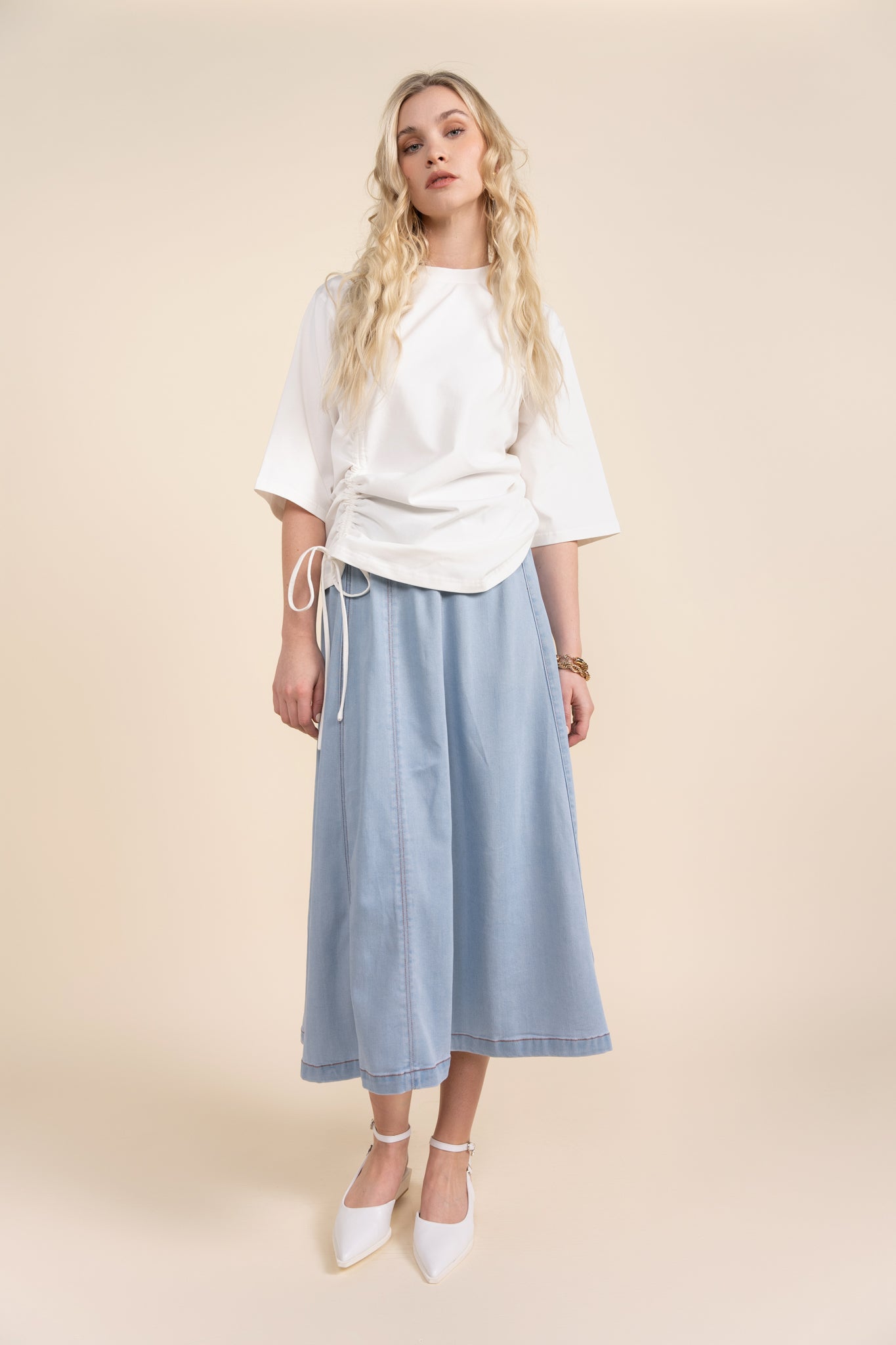 Carson Midi Skirt in Stone Wash Denim