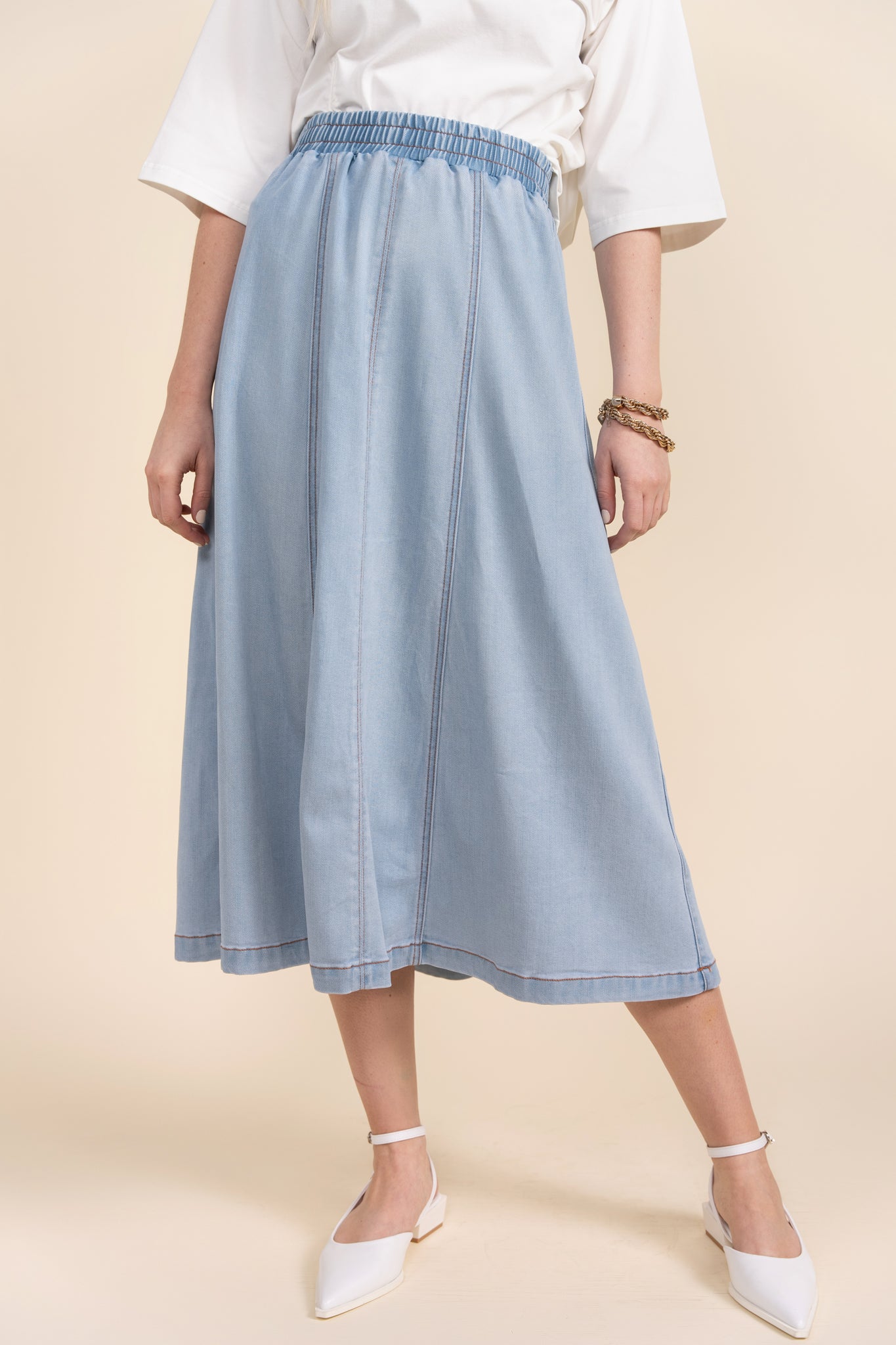 Carson Midi Skirt in Stone Wash Denim