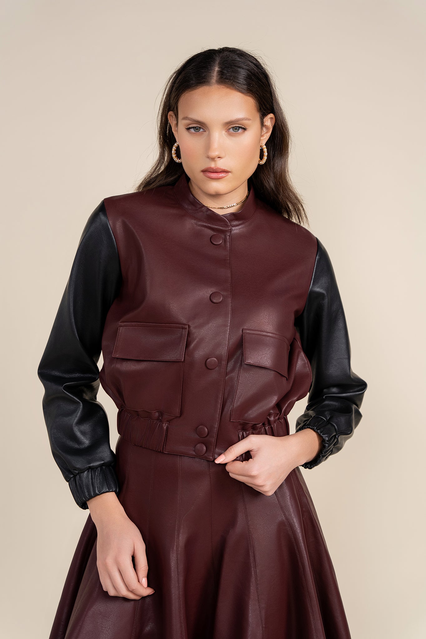 Blys Leather Bomber in Deep Merlot / Black