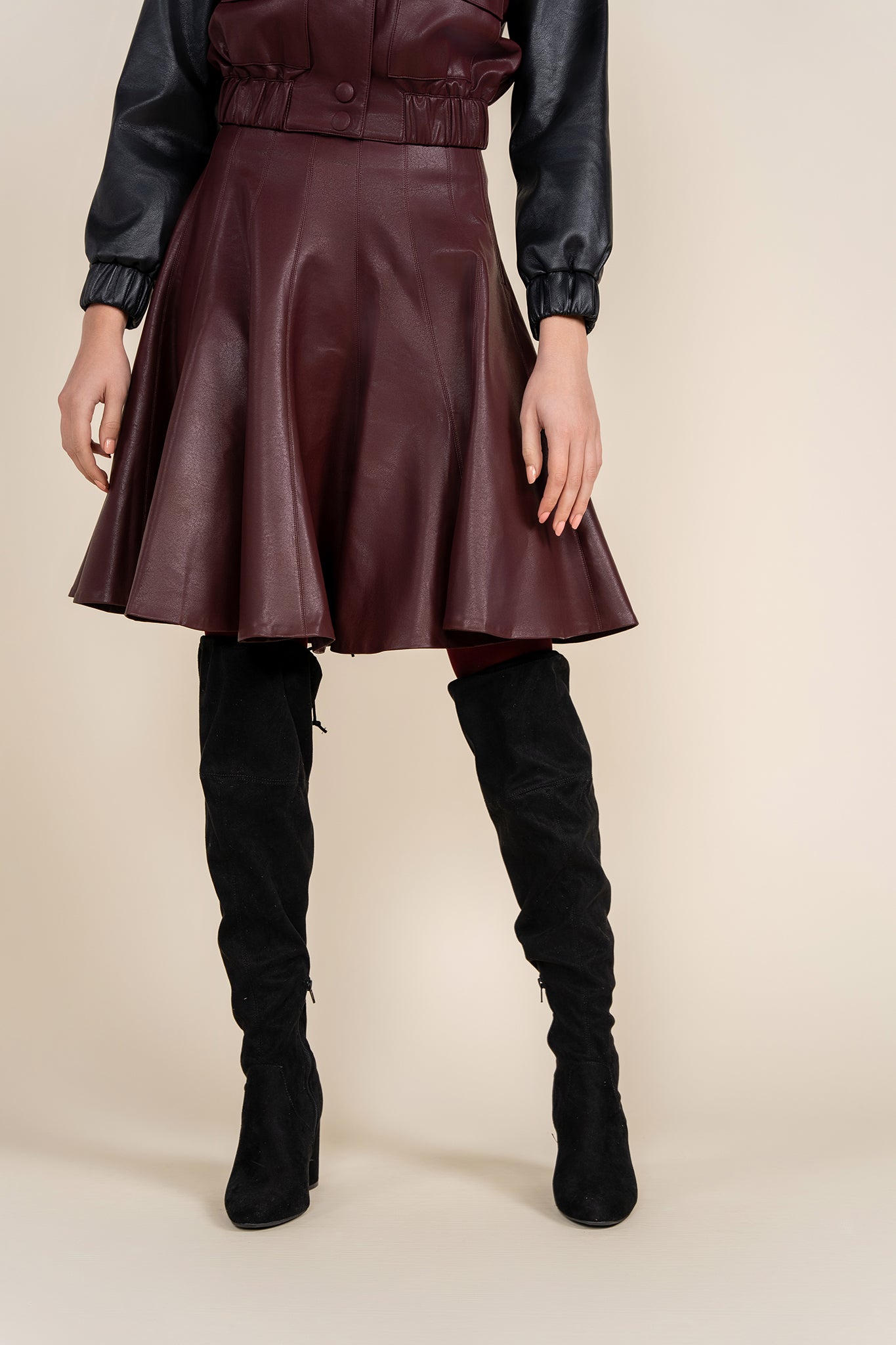 Chloe Leather Panel Skirt in Deep Merlot