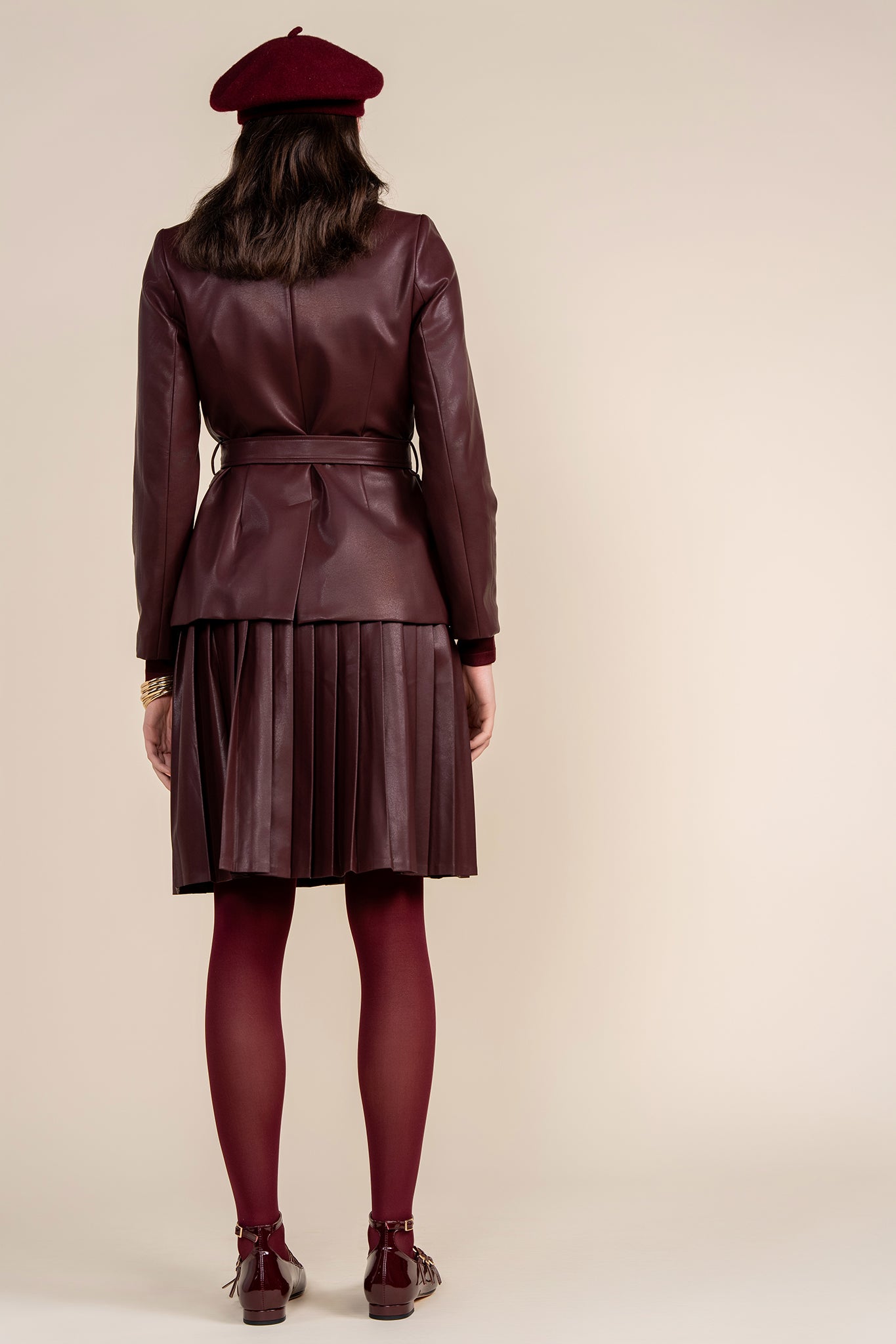 Coco Leather Pleated Skirt in Deep Merlot