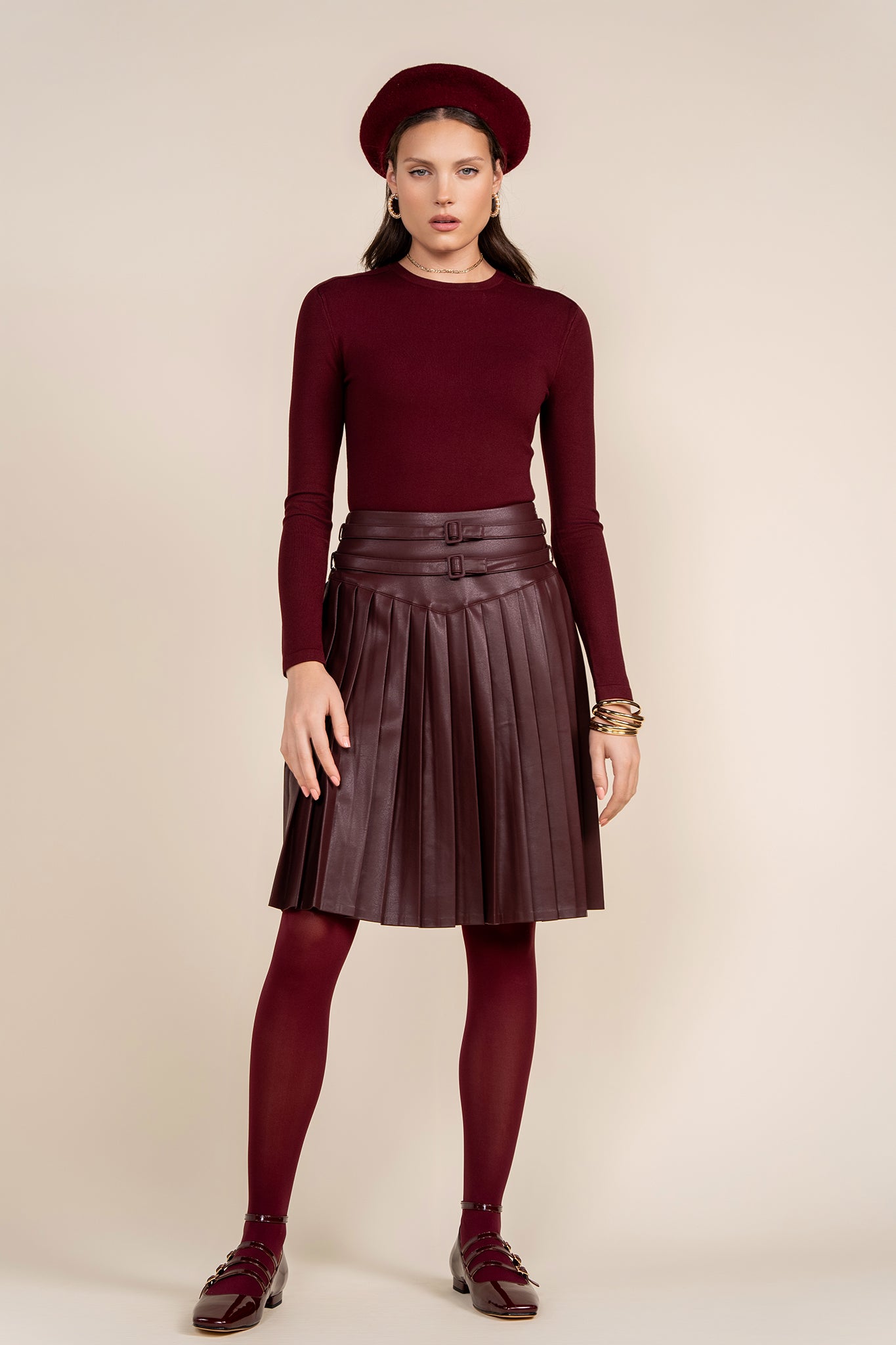 Coco Leather Pleated Skirt in Deep Merlot