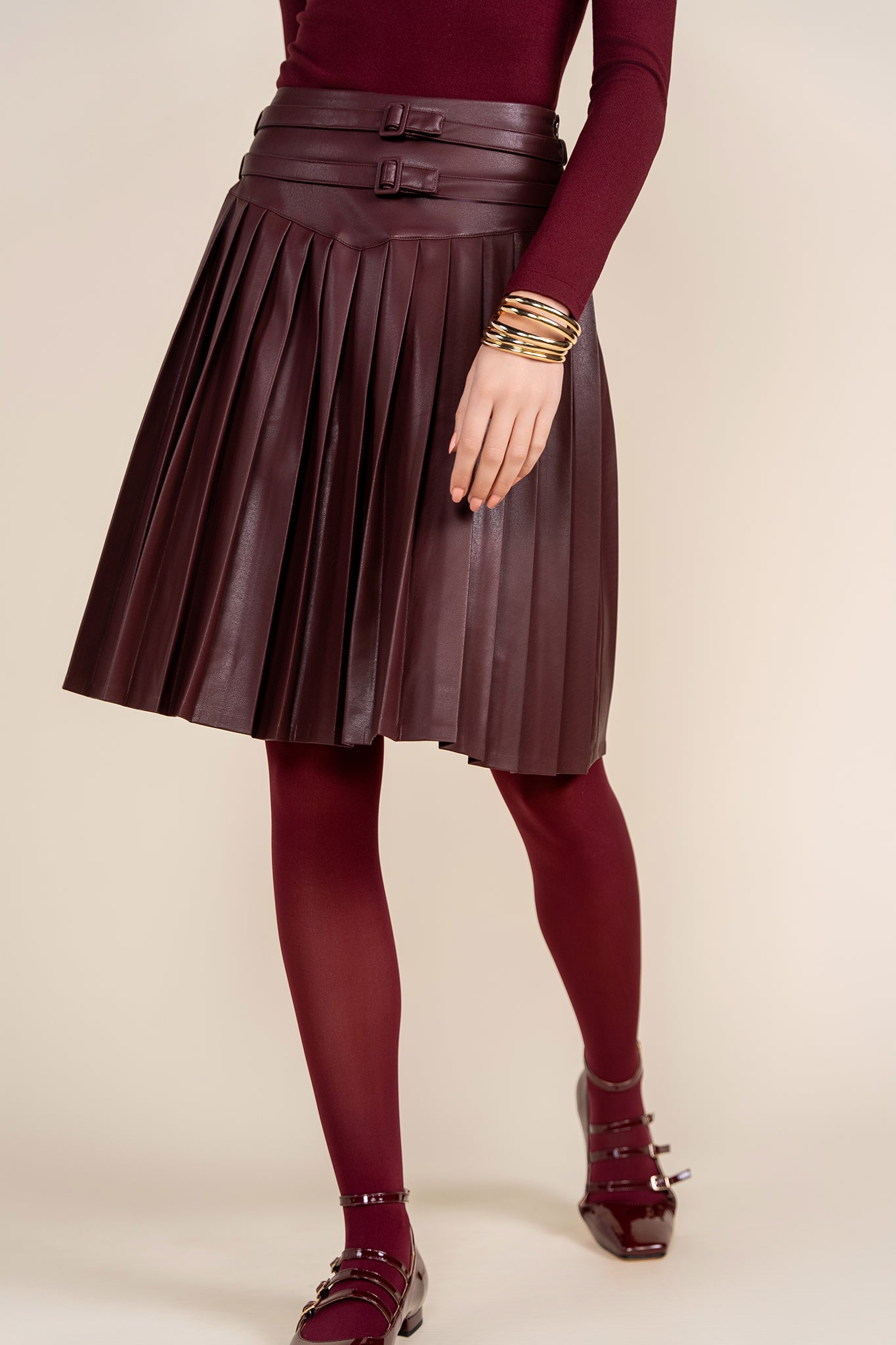 Coco Leather Pleated Skirt in Deep Merlot